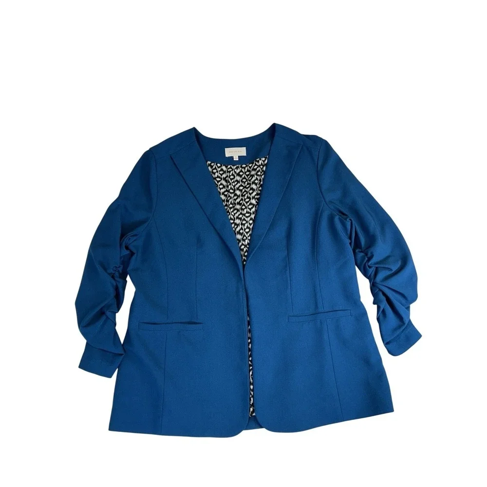 Skies Are Blue Teal‎ Blue Ruched 3/4 Sleeve Blazer Jacket Open Front Size XL